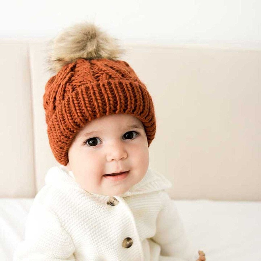 Accessories Huggalugs | Cable Knit Fur Pom Hat, Chili