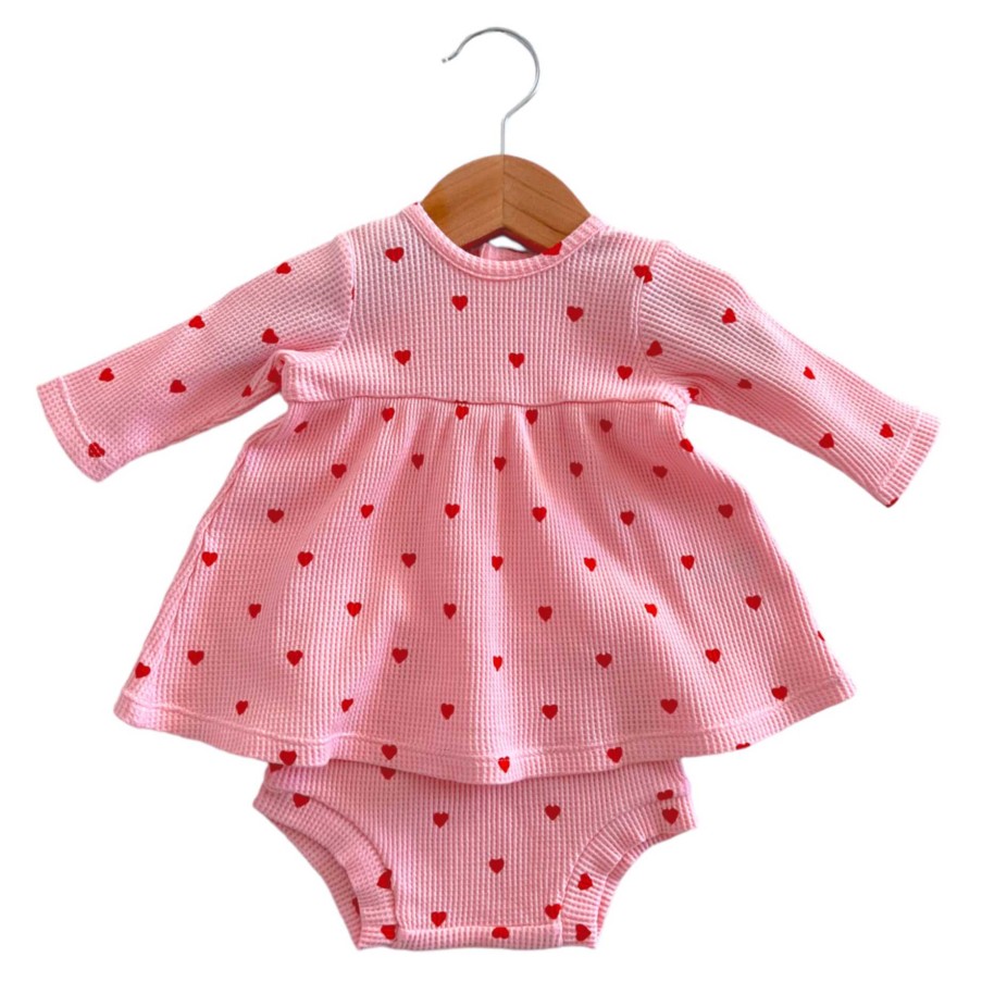 Girl SpearmintLOVE | Organic Waffle Simple Dress & Bloomer, Little Red Heart (On Pink)