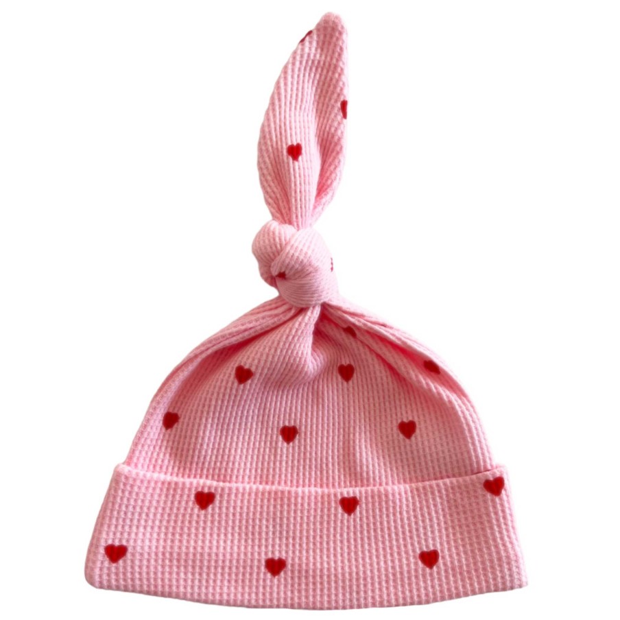 Boy SpearmintLOVE | Organic Waffle Knot Beanie, Little Red Heart (On Pink)