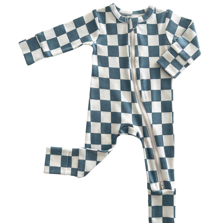 Boy SIIX Collection | Blueberry Muffin Checkerboard / Organic 2-Way Zip Romper