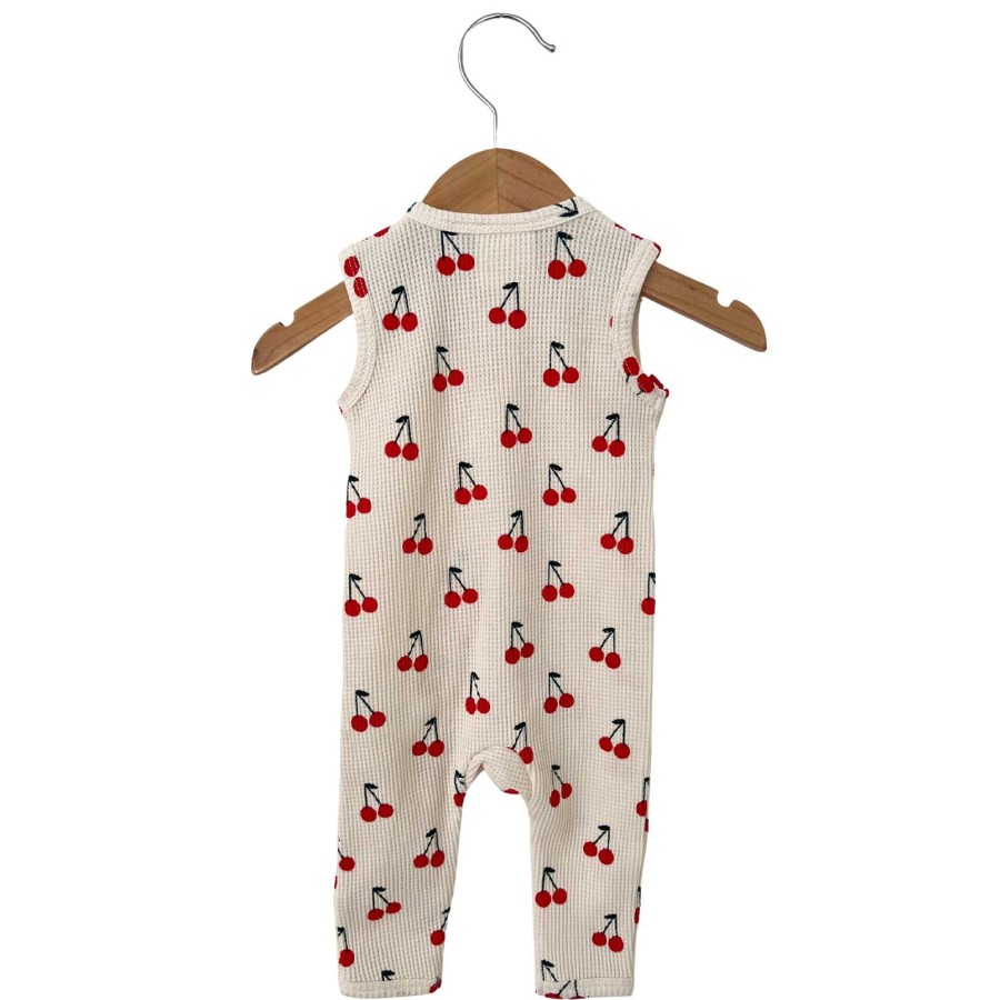 Boy SpearmintLOVE | Organic Waffle Sleeveless Basic Zip Romper, Cherries