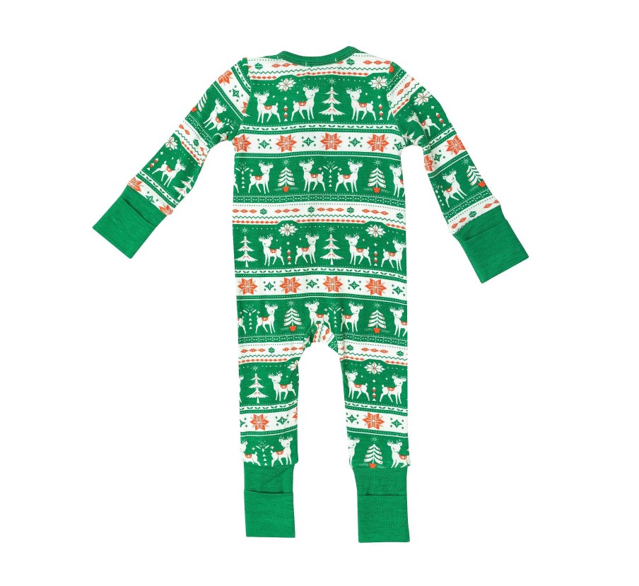 Boy Angel Dear | 2 Way Zip Romper, Vintage Deer Fair Isle Jolly Green