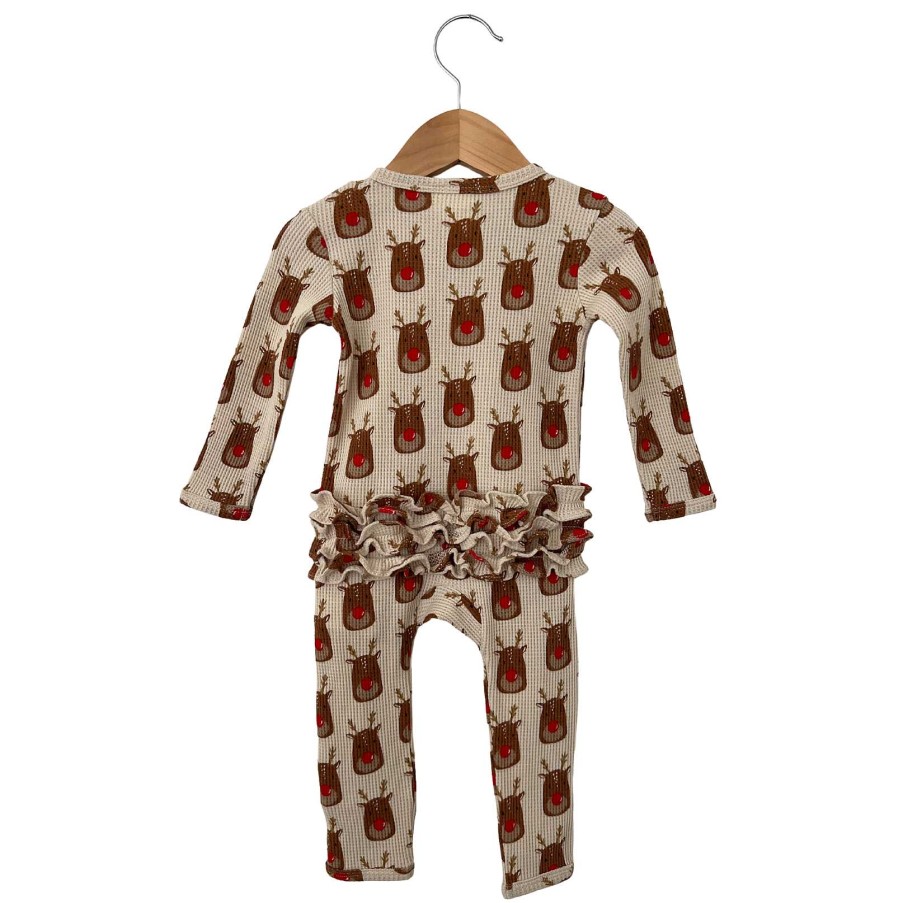 Girl SpearmintLOVE | Organic Waffle Ruffle Zip Romper, Reindeer