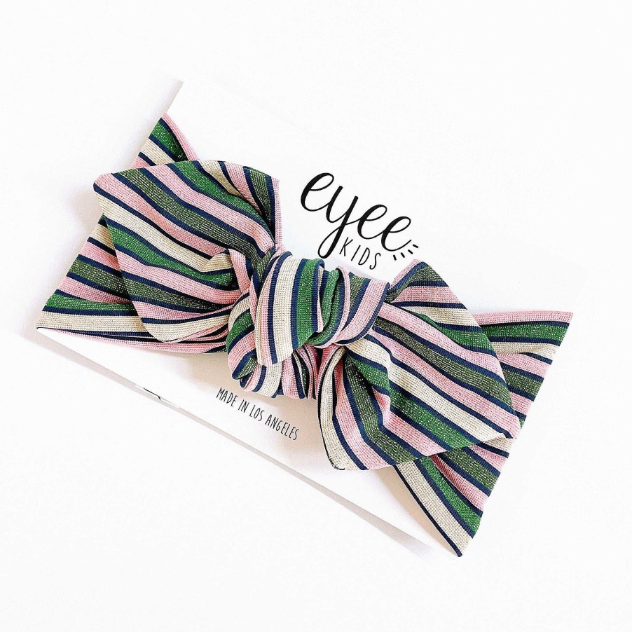 Girl Eyee Kids | Top Knot Headband, Green/Pink Shimmer Stripes