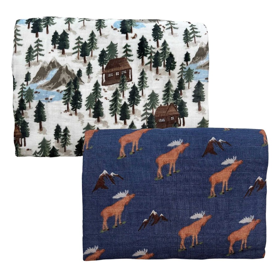 Baby Stuff Angel Dear | 2-Pack Muslin Swaddles, Blue Moose/Vintage Cabin