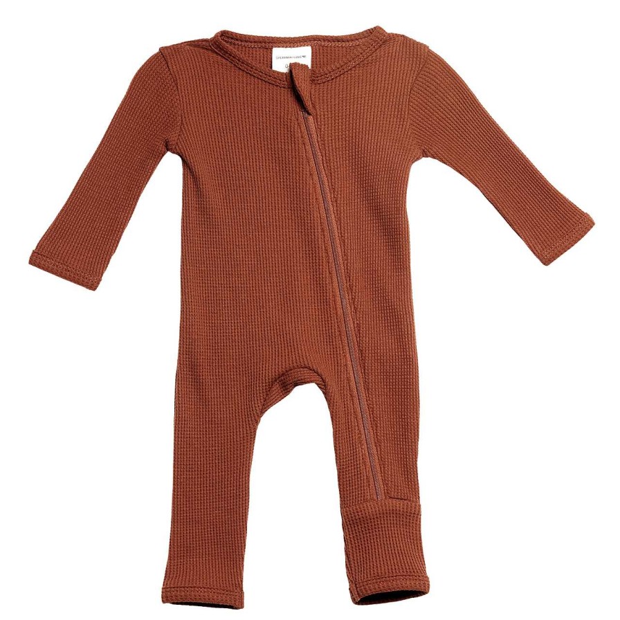 Boy SpearmintLOVE | Organic Waffle Basic Zip Romper, Caramel