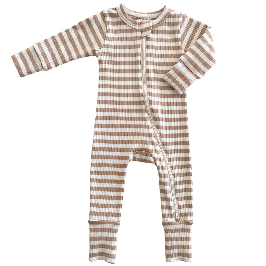 Boy SIIX Collection | Tan Stripe / Organic Ribbed 2-Way Zip Romper