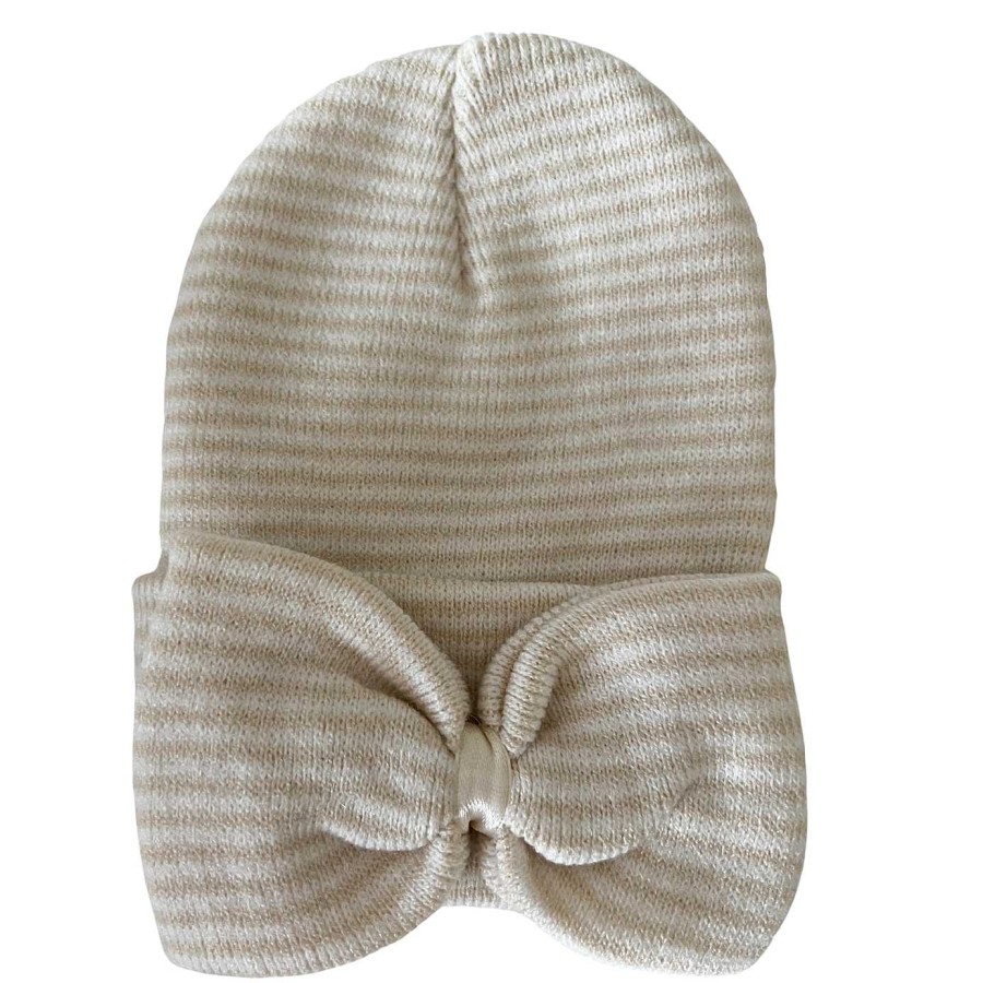 Accessories SpearmintLOVE | Baby'S First Hat, Sand/White Stripe Bow