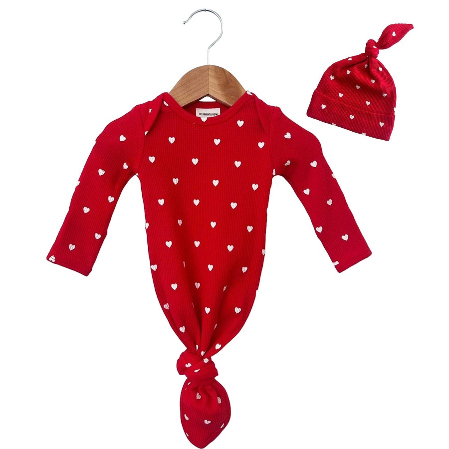 Girl SpearmintLOVE | Organic Waffle Knotted Gown & Hat Set, Little White Heart (On Red)