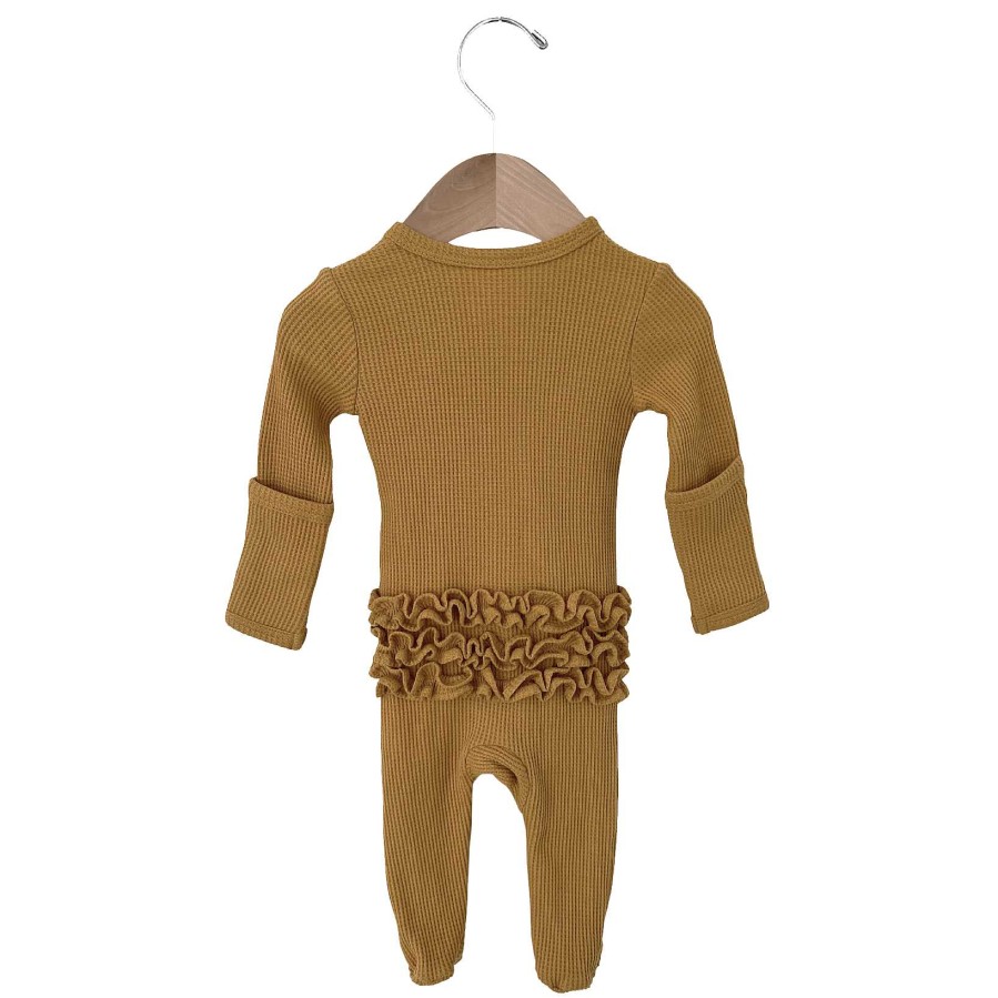 Girl SpearmintLOVE | Organic Waffle Ruffle Zip Footie, Honey