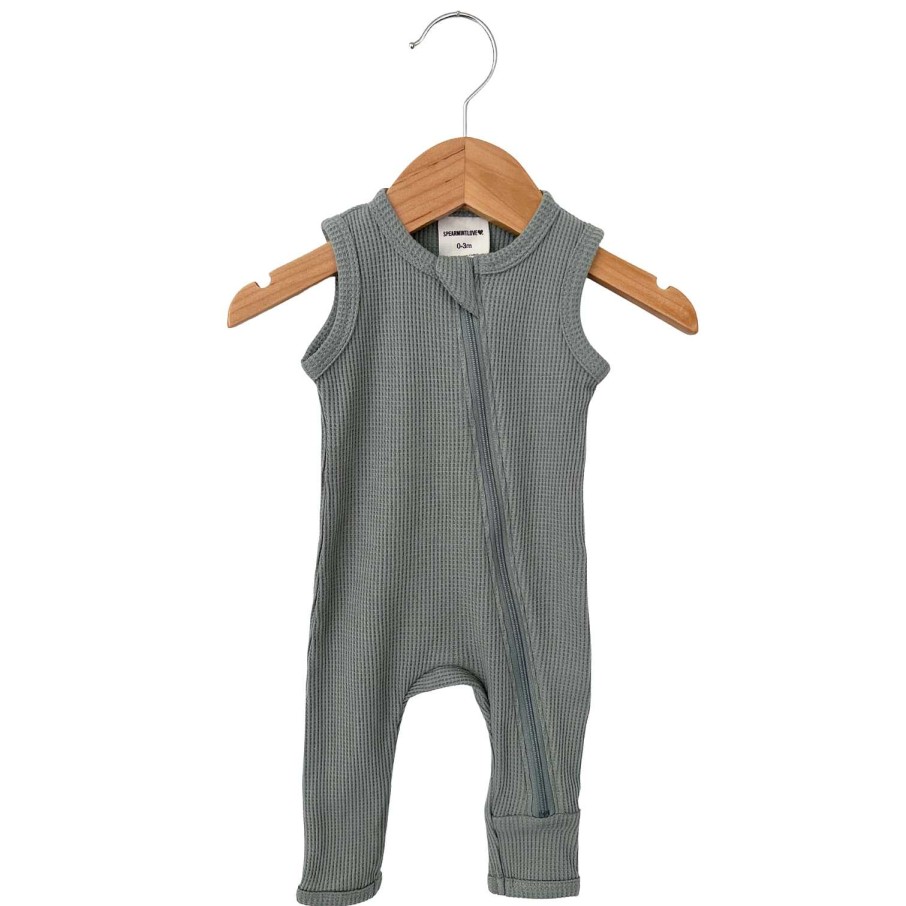 Boy SpearmintLOVE | Organic Waffle Sleeveless Zip Romper, Mountain Green