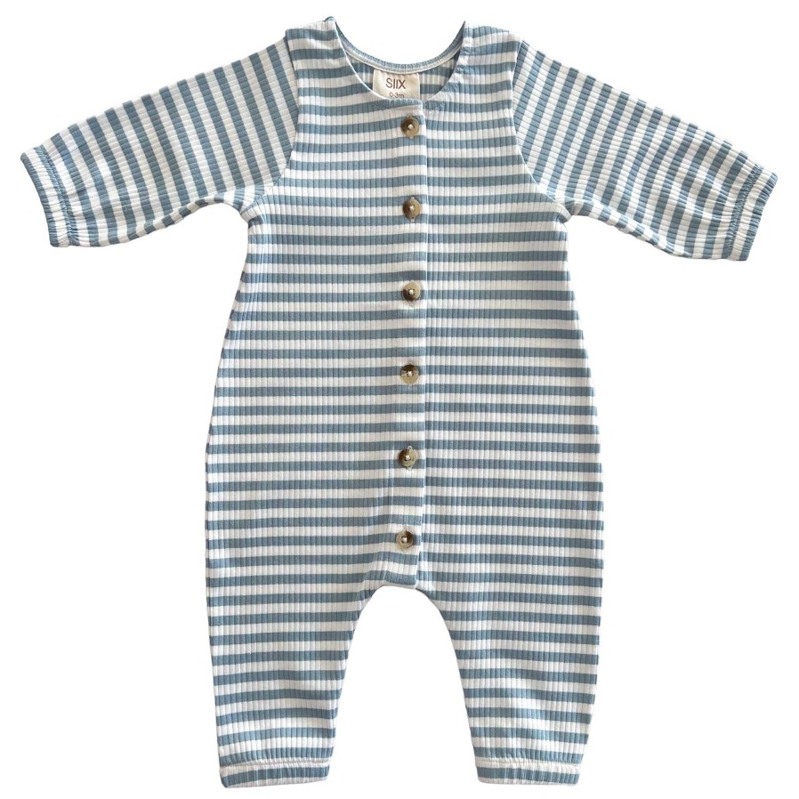 Boy SIIX Collection | Dusty Blue Stripe / Organic Ribbed Long Sleeve Bay Jumpsuit