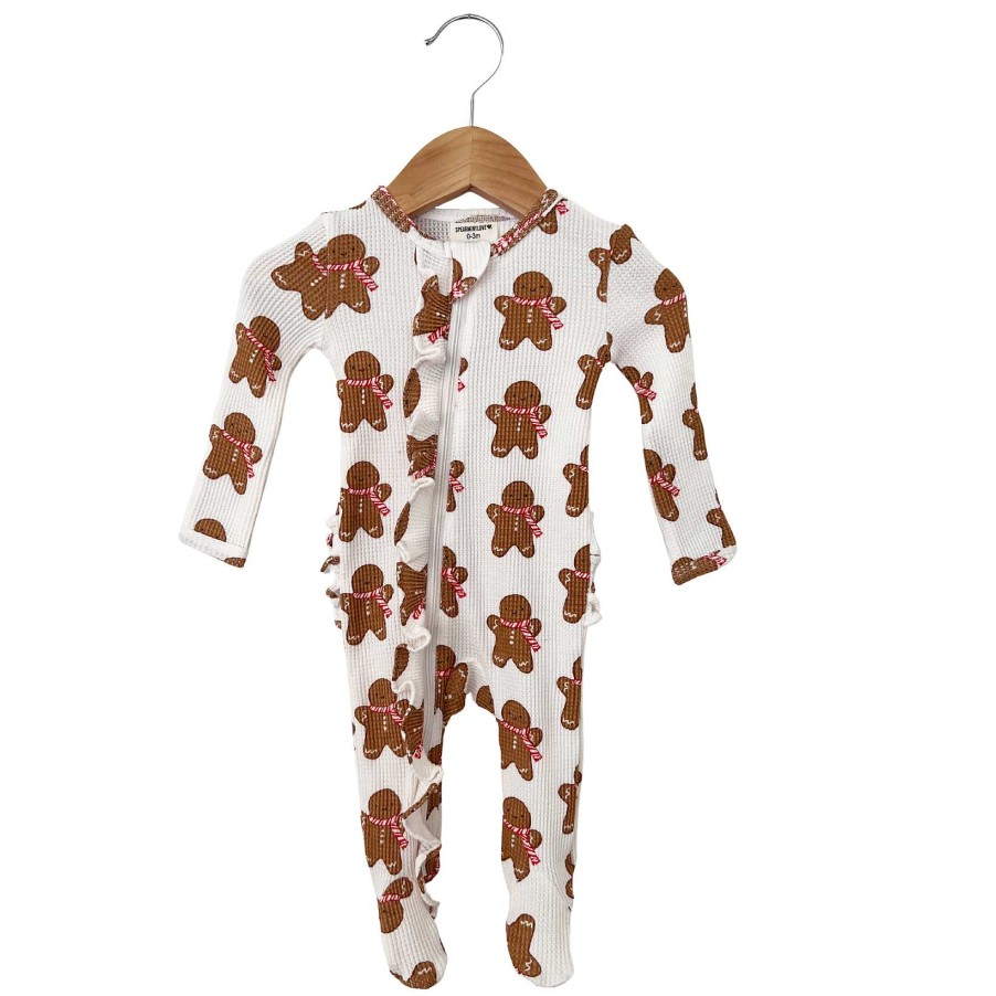 Girl SpearmintLOVE | Organic Waffle Ruffle Zip Footie, Gingerbread Man