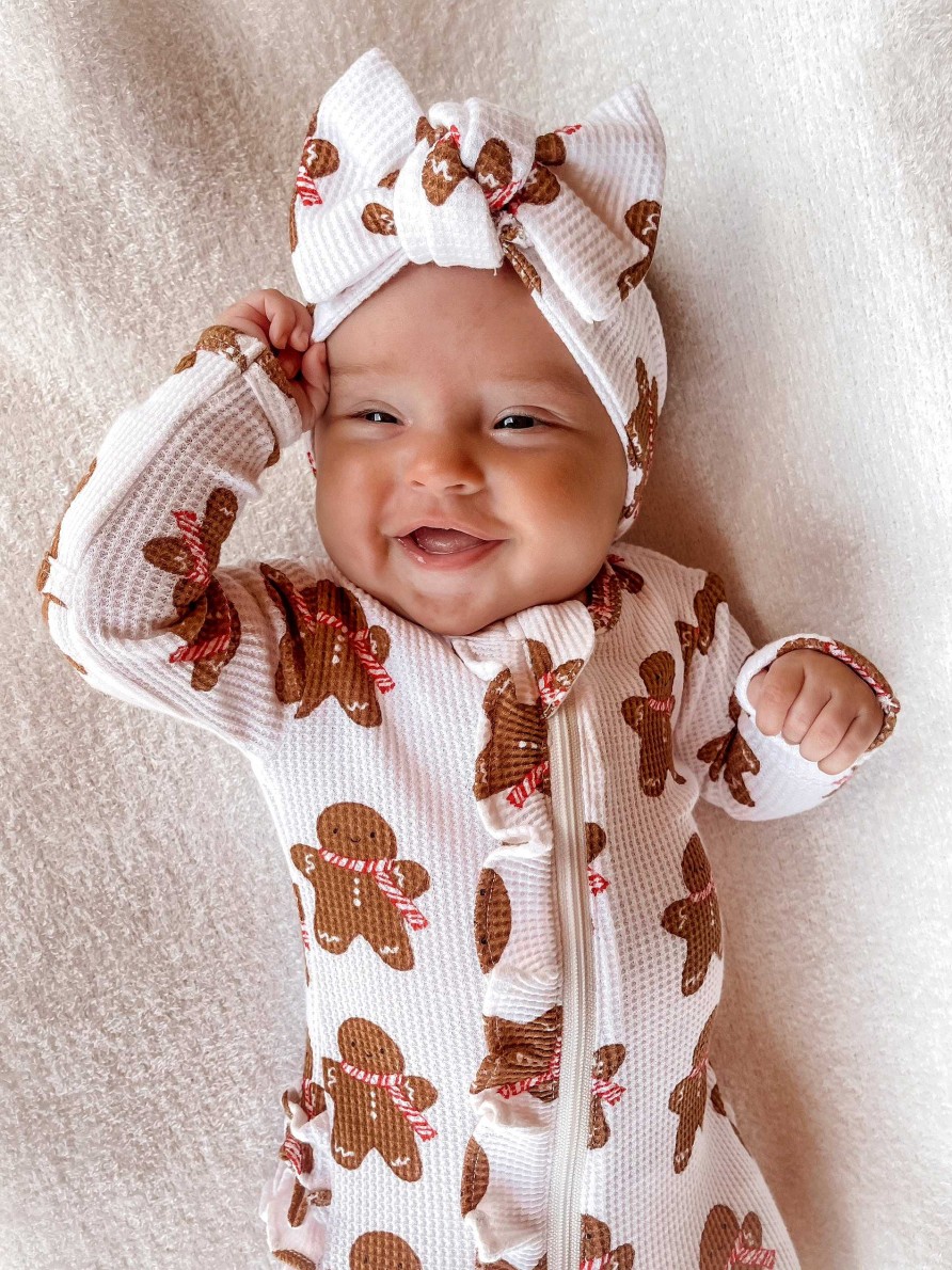 Girl SpearmintLOVE | Organic Waffle Ruffle Zip Footie, Gingerbread Man