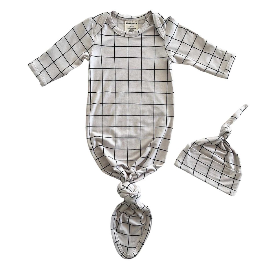 Boy SpearmintLOVE | Knotted Gown & Hat Set, Natural/Black Windowpane