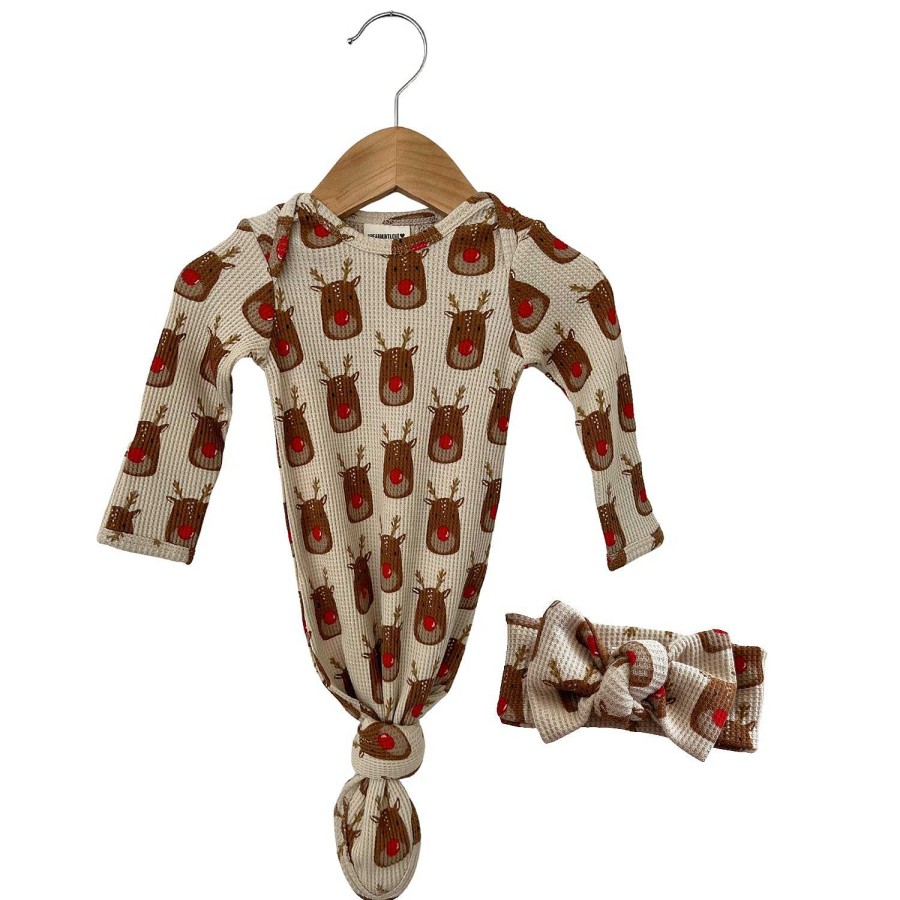 Girl SpearmintLOVE | Organic Waffle Knotted Gown & Bow Set, Reindeer