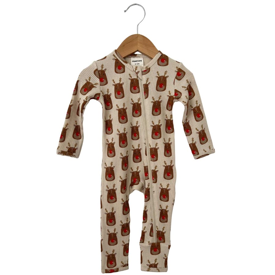 Boy SpearmintLOVE | Organic Waffle Basic Zip Romper, Reindeer