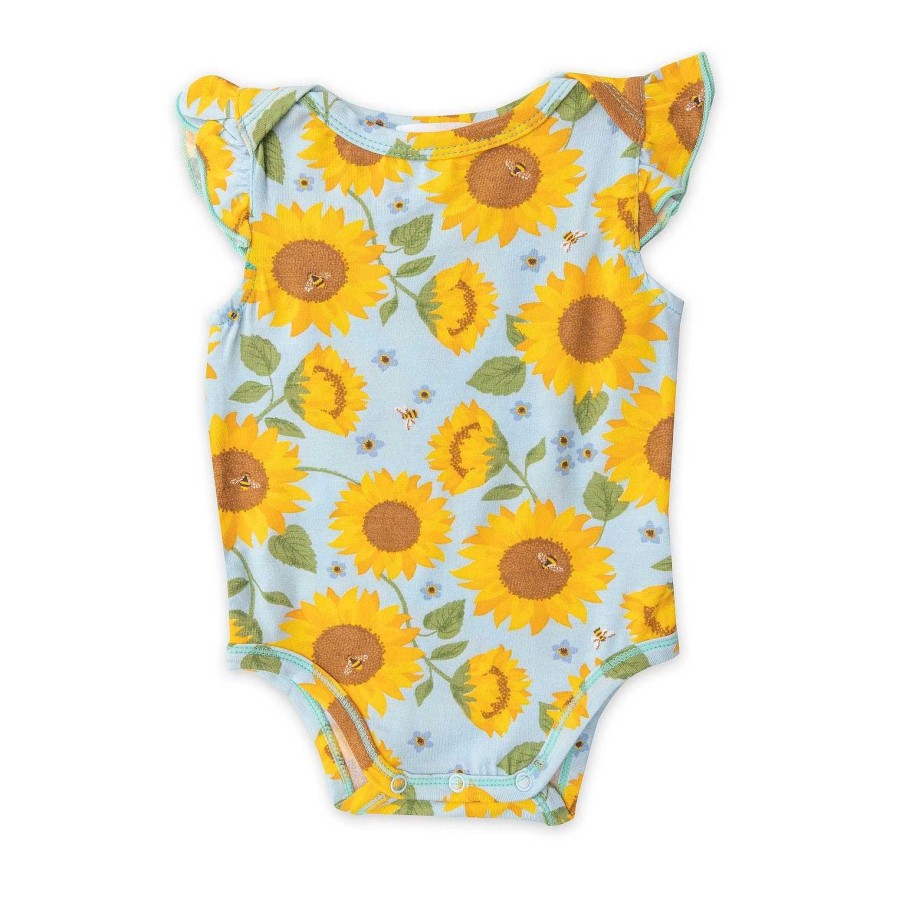 Girl Angel Dear | Ruffle Sleeve Bodysuit, Sunflowers Blue