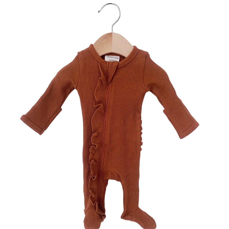 Girl SpearmintLOVE | Organic Waffle Ruffle Zip Footie, Caramel