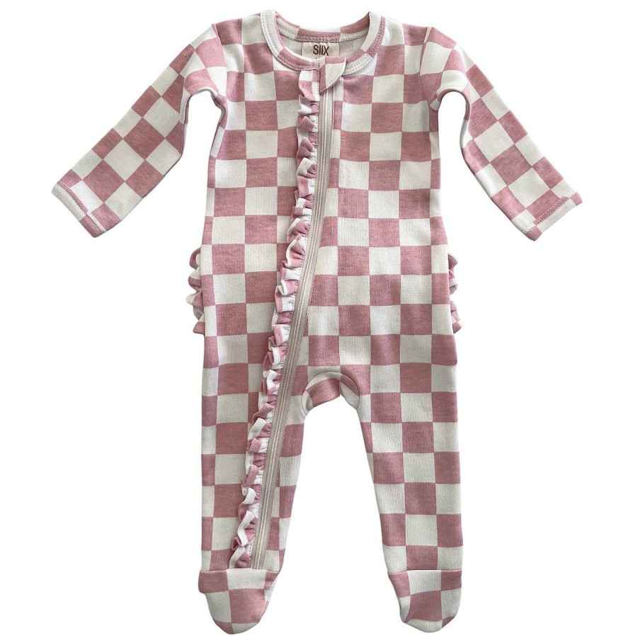 Girl SIIX Collection | Strawberry Shortcake Checkerboard / Organic Frill Zip Footie