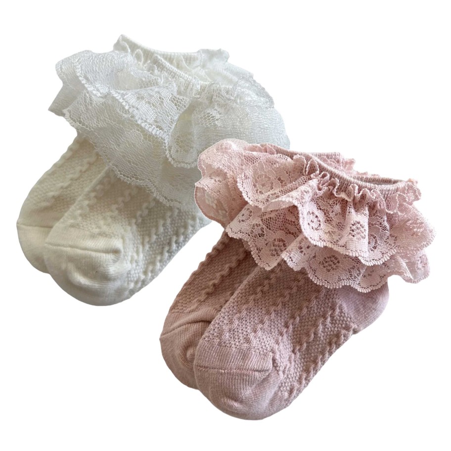 Accessories Sold by SpearmintLOVE | 2-Pack Lacey Ruffle Socks, Ivory & Pink