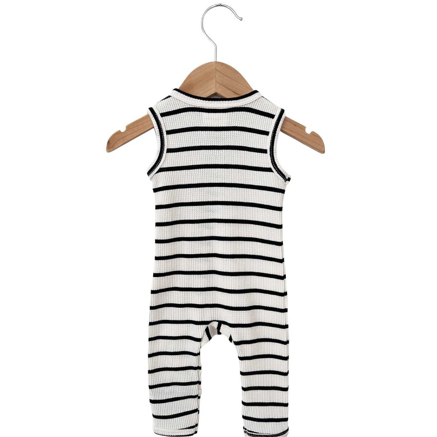 Boy SpearmintLOVE | Organic Waffle Sleeveless Zip Romper, Black Stripe