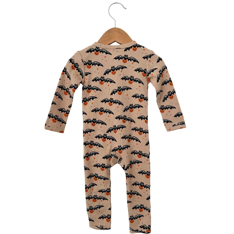 Boy SpearmintLOVE | Organic Waffle Basic Zip Romper, Tan Trick Or Treating Bat