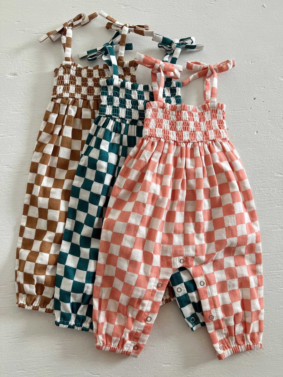 Girl SIIX Collection | Pacific Checkerboard / Organic Smocked Jumpsuit