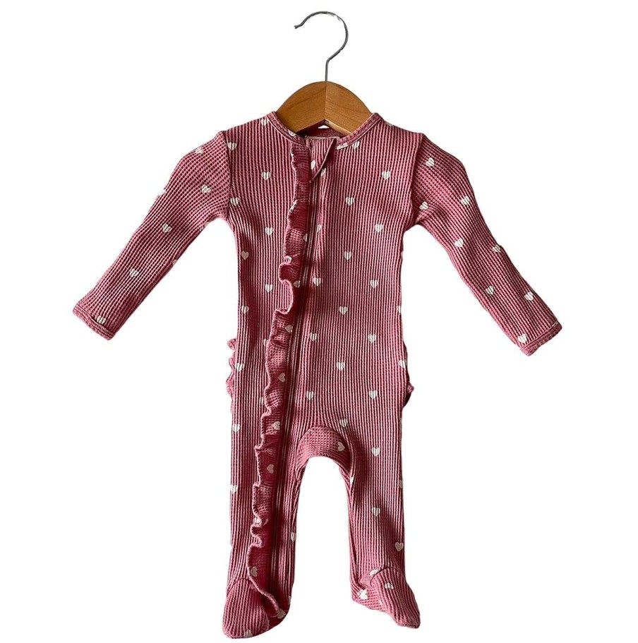 Girl SpearmintLOVE | Organic Waffle Ruffle Zip Footie, Mauve Heart