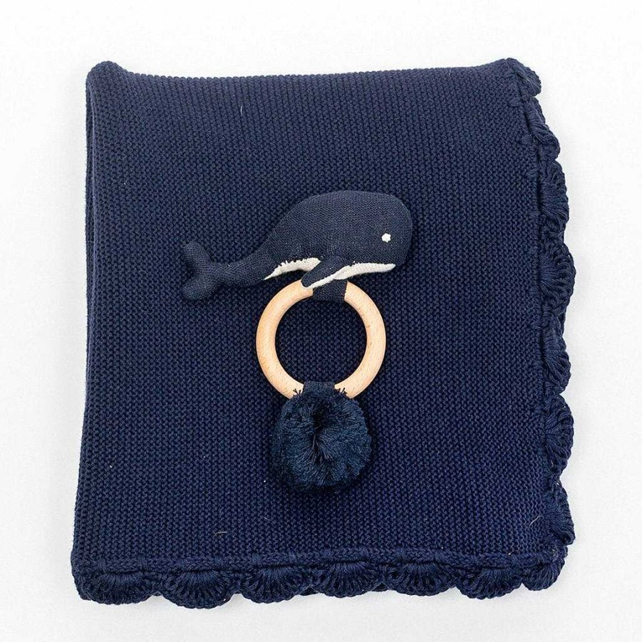 Girl Zestt | Heirloom Baby Gift Set, Rattle & Blanket Navy