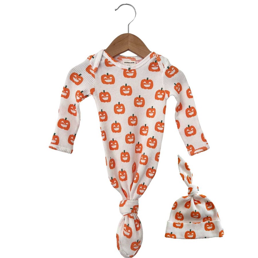 Boy SpearmintLOVE | Organic Waffle Knotted Gown & Hat Set, Jack-O-Lantern