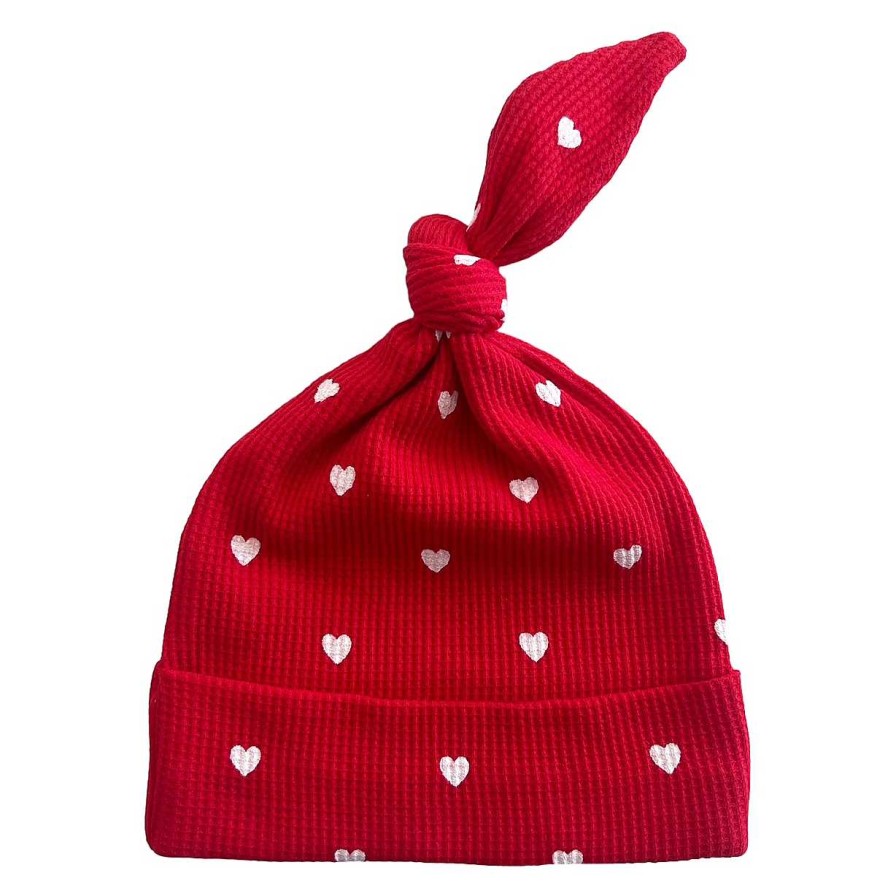 Boy SpearmintLOVE | Organic Waffle Knot Beanie, Little White Heart (On Red)