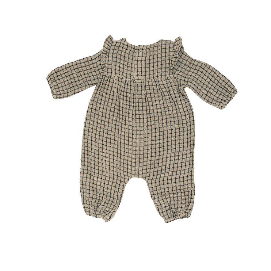 Girl Angel Dear | Muslin Ruffle Sleeve Romper, Grid Gingham Green