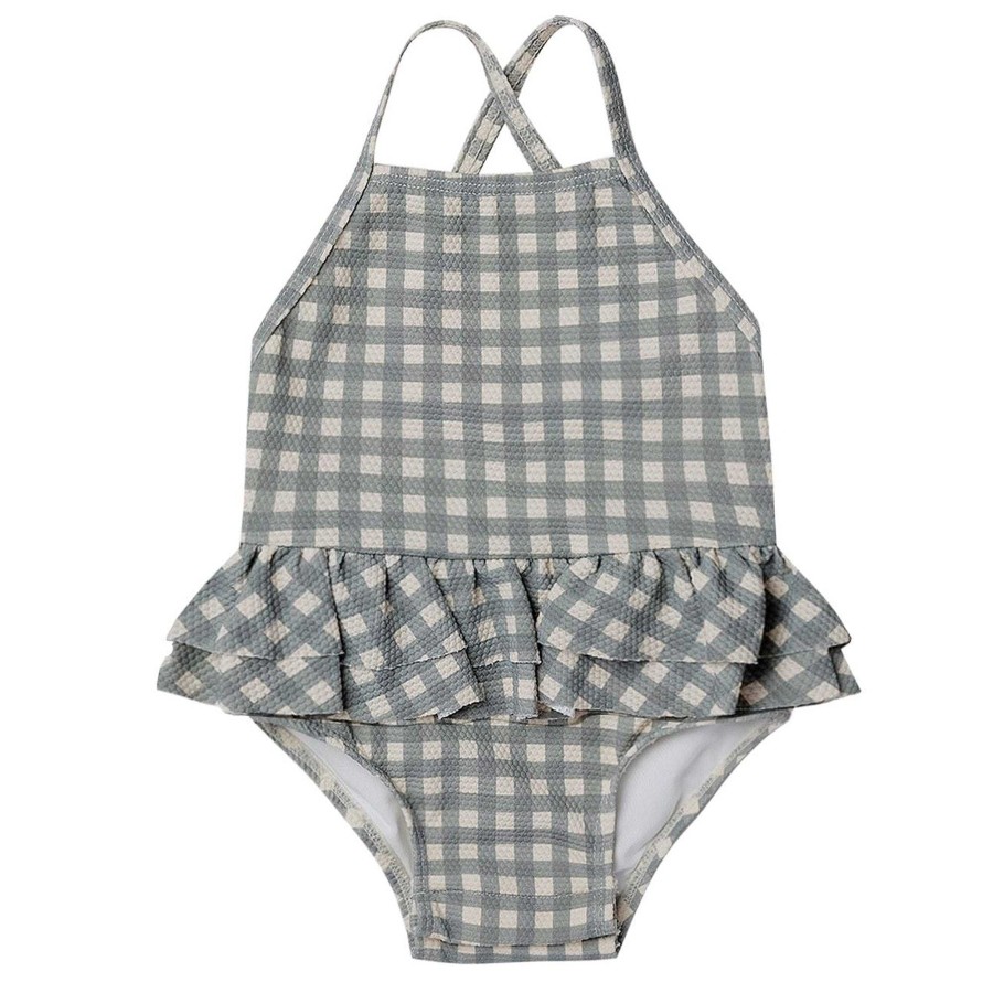 Girl Quincy Mae | Ruffled One-Piece Swimsuit, Sea Green Gingham