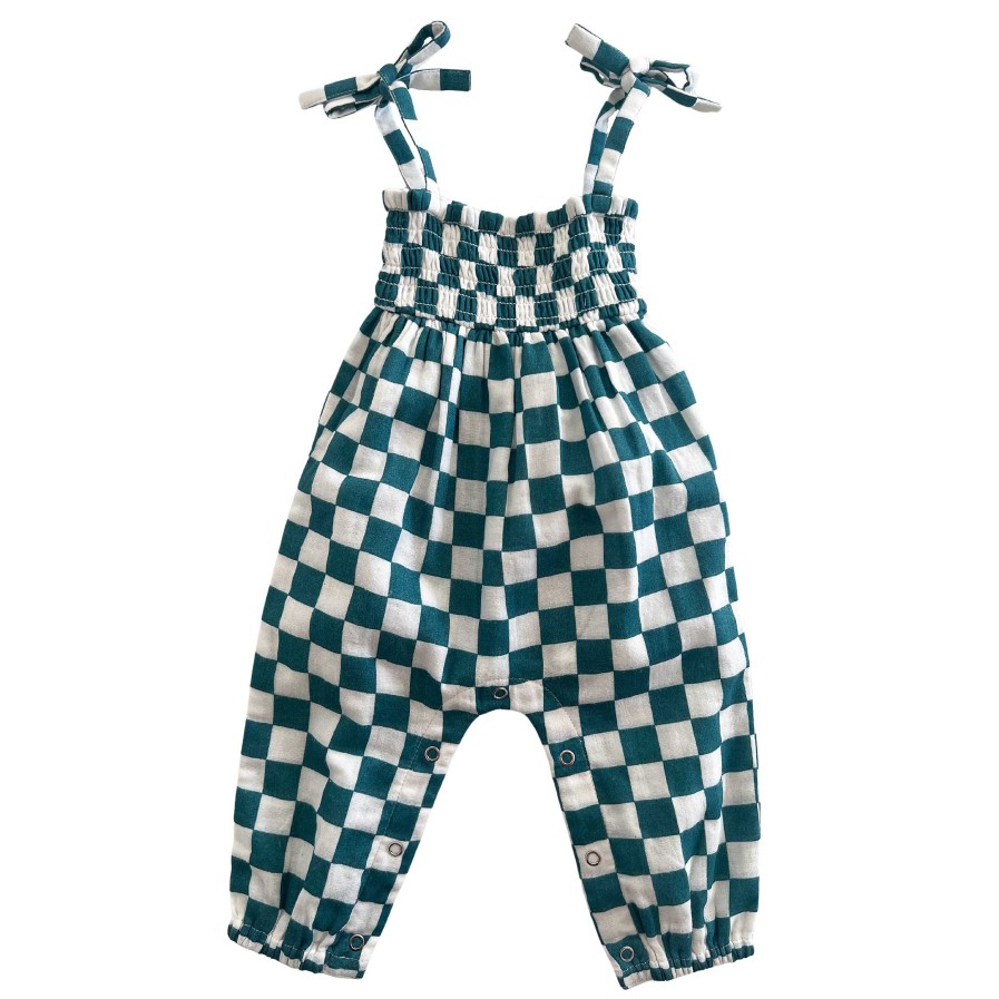 Girl SIIX Collection | Pacific Checkerboard / Organic Smocked Jumpsuit