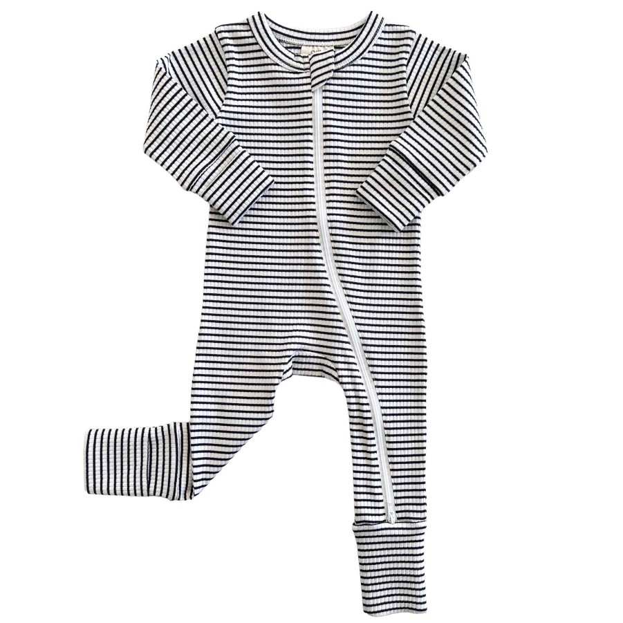 Boy SIIX Collection | Black Stripe / Organic Ribbed 2-Way Zip Romper