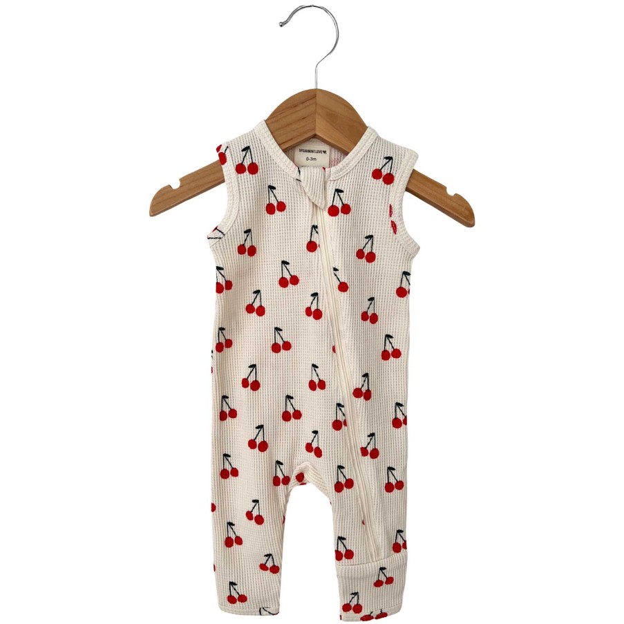 Boy SpearmintLOVE | Organic Waffle Sleeveless Basic Zip Romper, Cherries