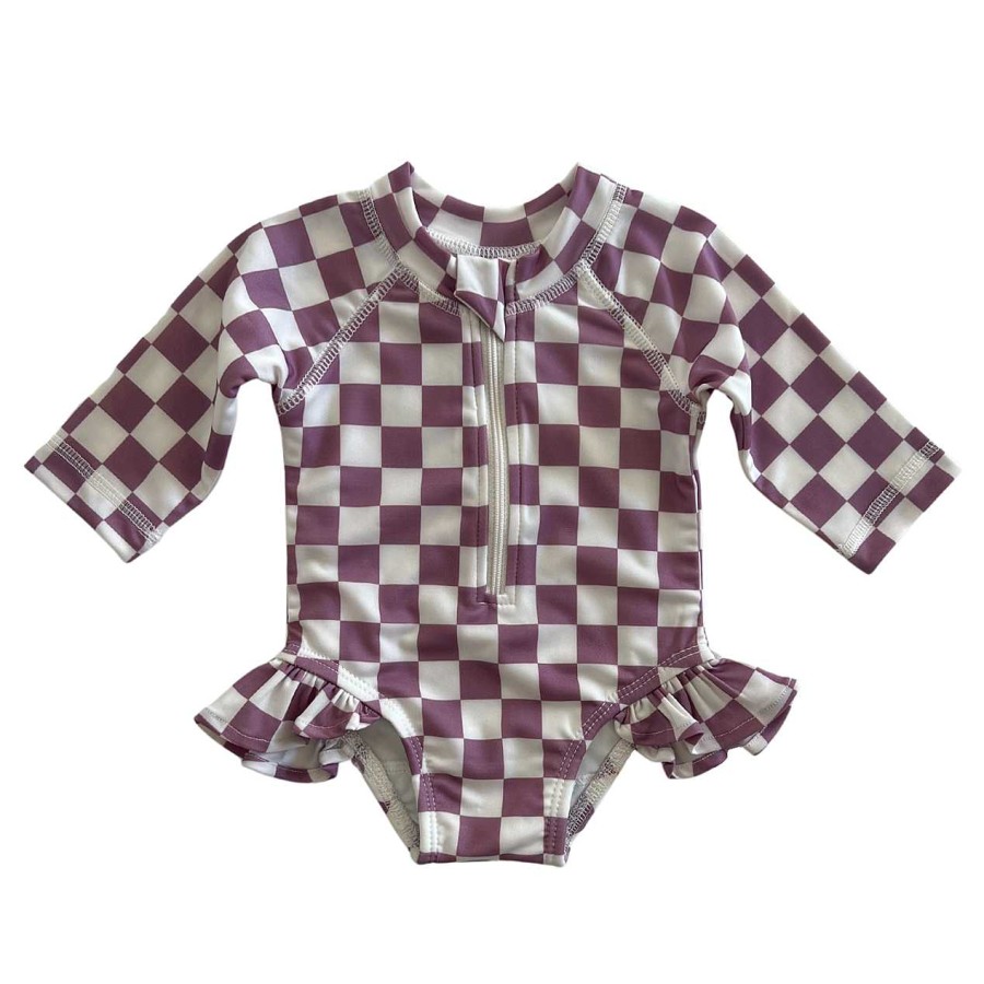 Girl SIIX Collection | Berry Cheesecake Checkerboard / Skipper Rashguard Swimsuit / Upf 50+