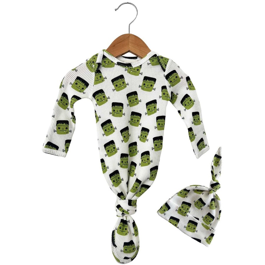 Boy SpearmintLOVE | Organic Waffle Knotted Gown & Hat Set, Halloween Monster