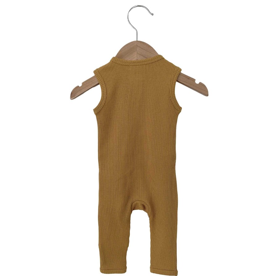 Boy SpearmintLOVE | Organic Waffle Sleeveless Zip Romper, Honey