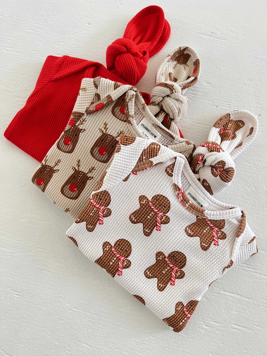 Girl SpearmintLOVE | Organic Waffle Knotted Gown & Hat Set, Gingerbread Man