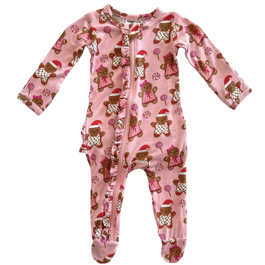 Girl SpearmintLOVE | 2-Way Ruffle Zip Footie, Gingerbread Friends Pink