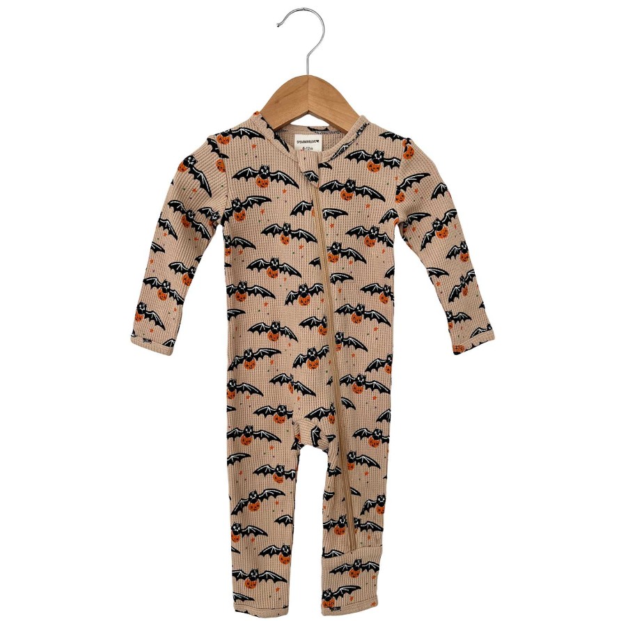 Boy SpearmintLOVE | Organic Waffle Basic Zip Romper, Tan Trick Or Treating Bat