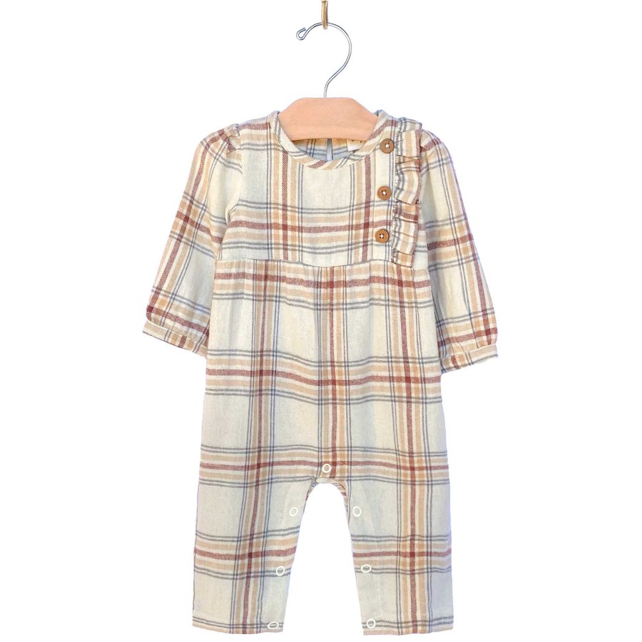 Girl city mouse | Flannel Side Button Romper, Light Taupe