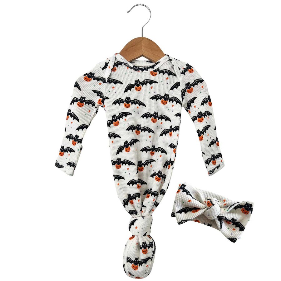 Girl SpearmintLOVE | Organic Waffle Knotted Gown & Bow Set, Trick Or Treating Bat