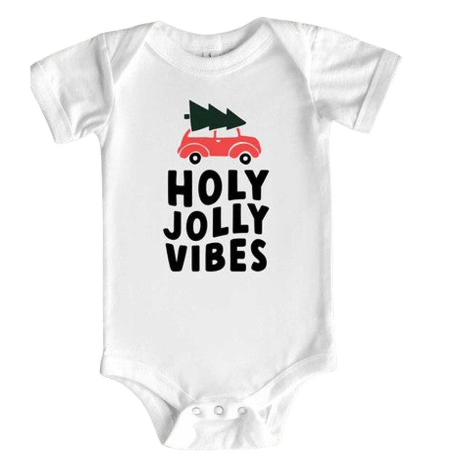 Boy The Juniper Shop | Holly Jolly Vibes Car Short Sleeve Bodysuit, White