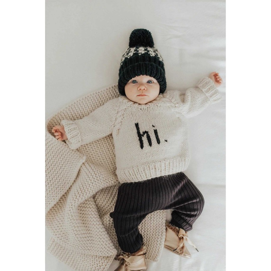 Boy Huggalugs | Hi. Crew Neck Garter Stitch Sweater, Black On Natural