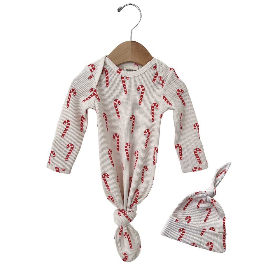 Girl SpearmintLOVE | Organic Waffle Knotted Gown & Hat Set, Candy Cane