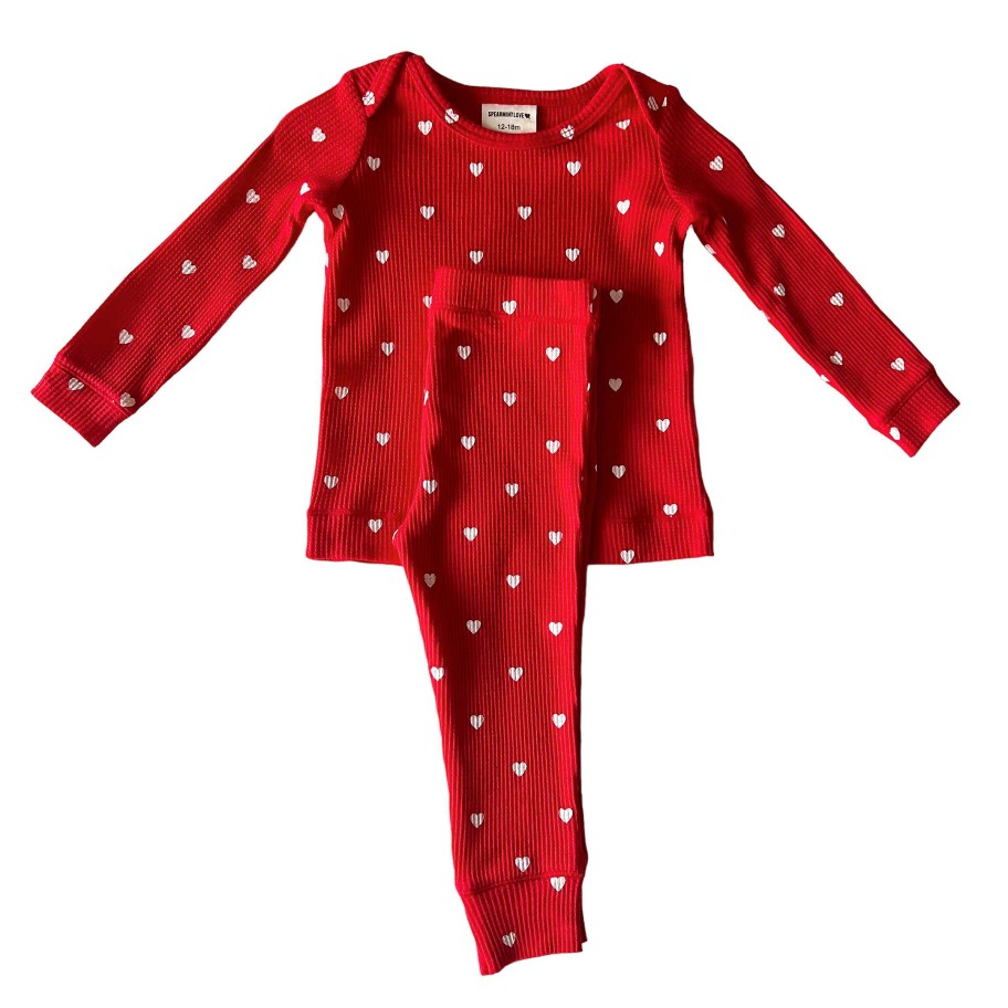 Girl SpearmintLOVE | Organic Waffle 2-Piece Set, Little White Heart (On Red)