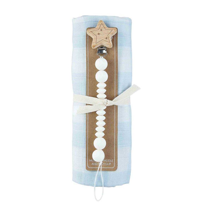 Baby Stuff Mud Pie | Swaddle & Pacifier Clip Gift Set, Blue Gingham